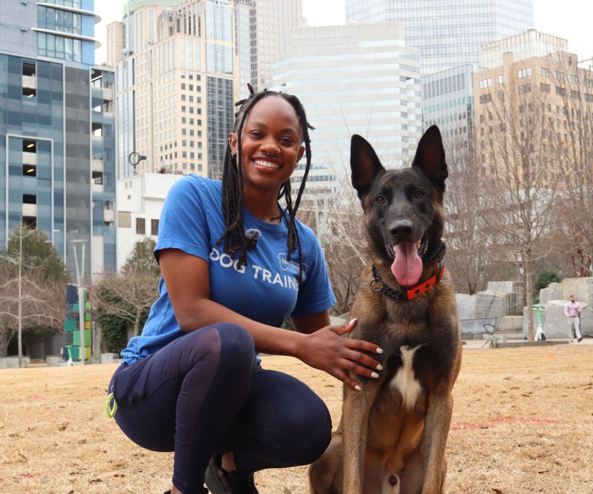 Amya Dog Trainer In Charlotte Nc Photo of Amya, a dog trainer in downtown Charlotte, NC with a dog during a training session.