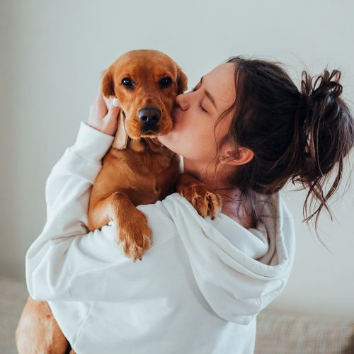 A photo of a woman holding and kissing her scared dog, a behavior that only reinforces the dog's fear
